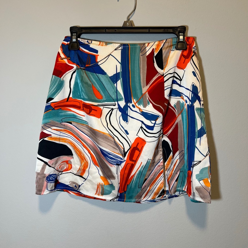 12th Tribe Abstract Painterly Print Mini Skirt Multi Color Satin Slit Medium